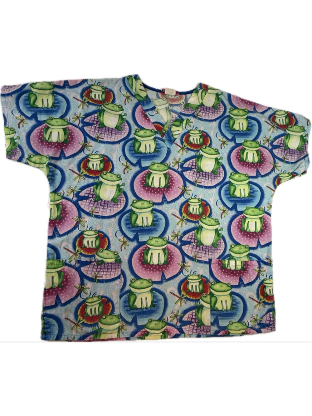 Jasco Scrub Top Size M Frog Print Lily Pad Dragonfly Nurse Vet Tech Cute